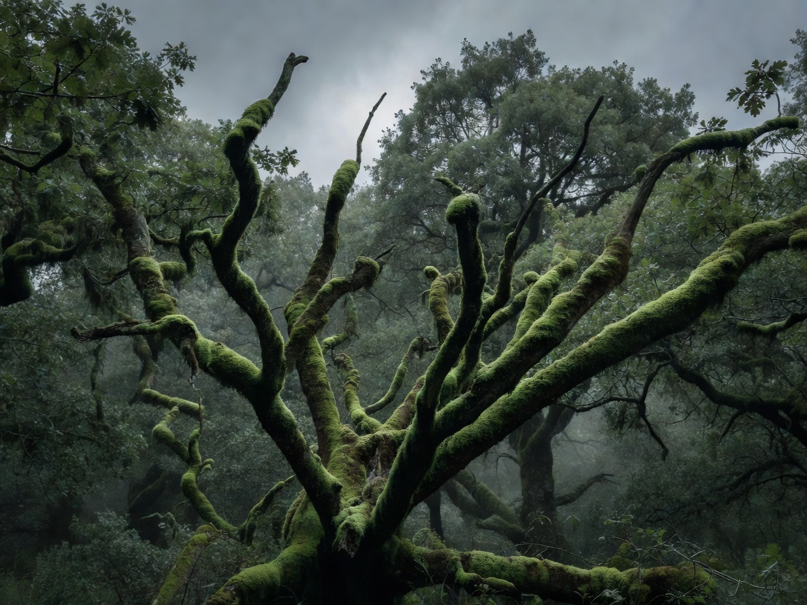 Asymmetric moss-covered oak branches isolated against an overcast canopy