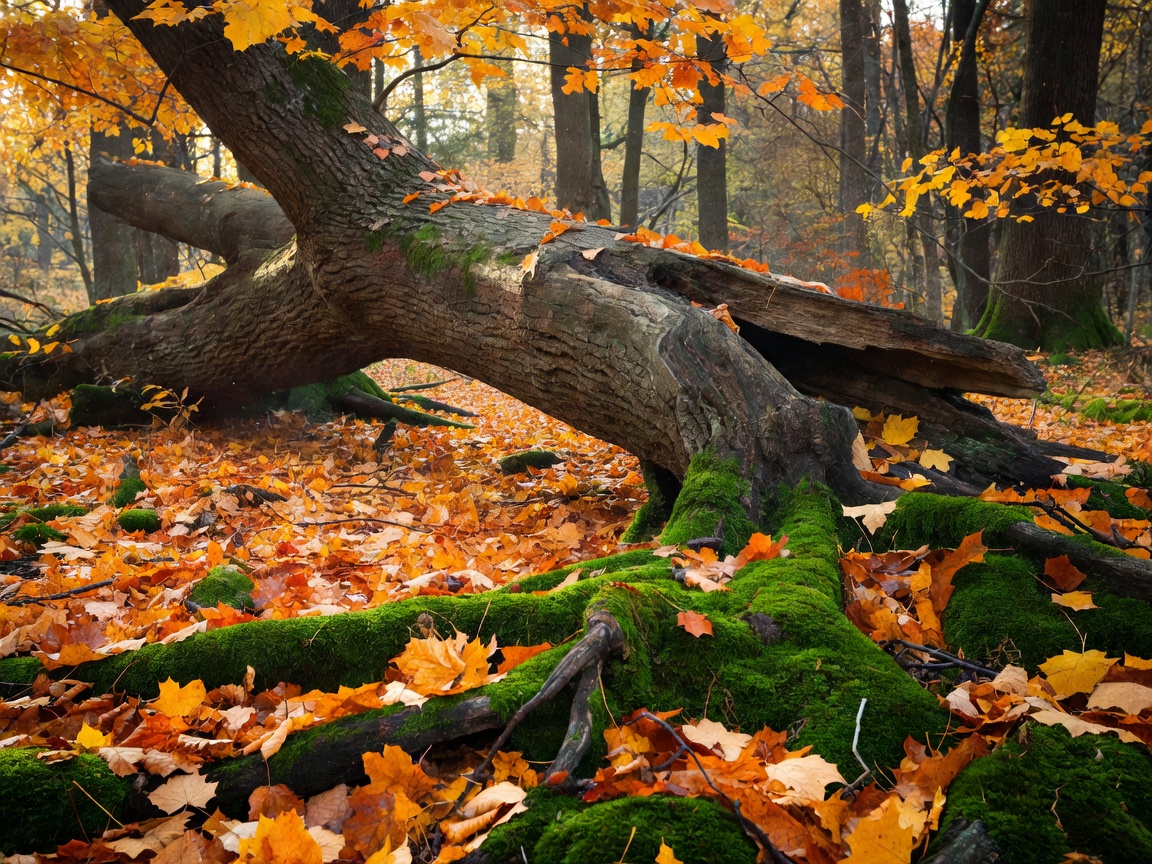 Massive fallen maple trunk resting on a mossy forest floor among amber autumn leaves