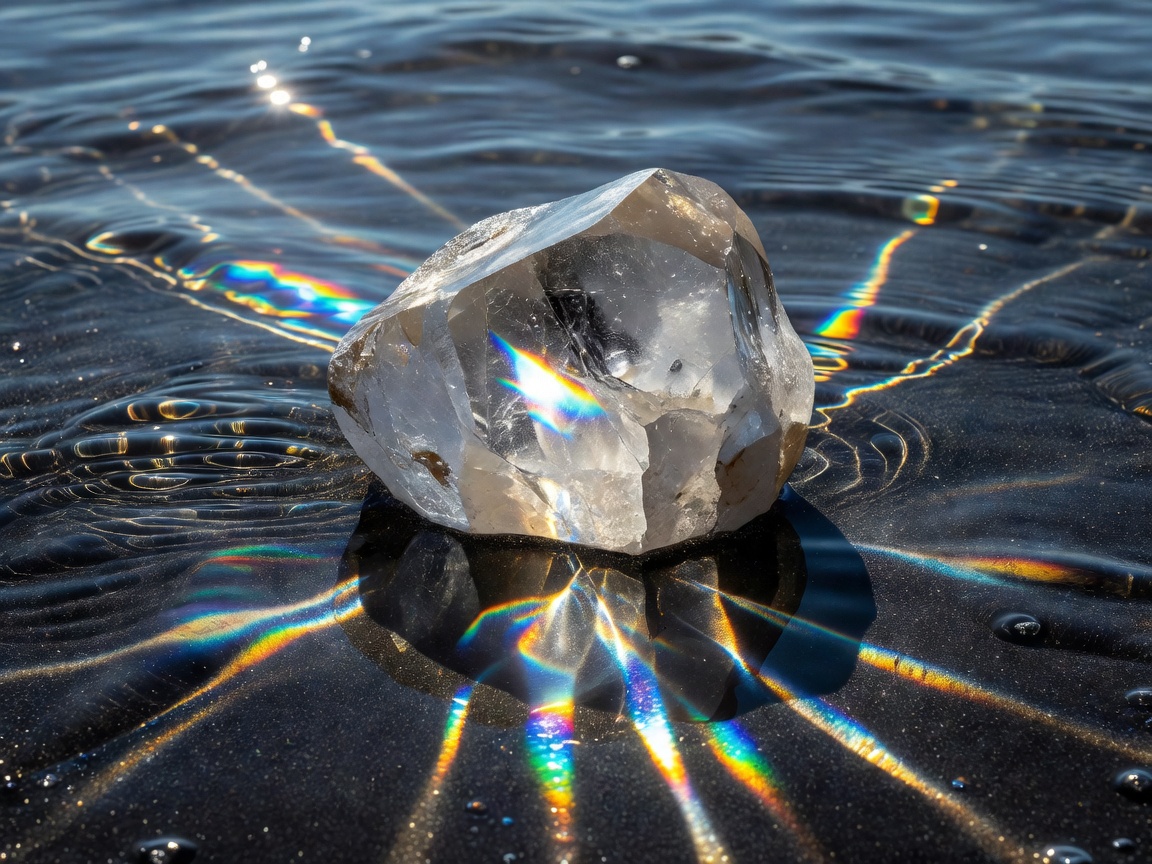 Natural quartz mineral block refracting light in shallow coastal water over dark sand